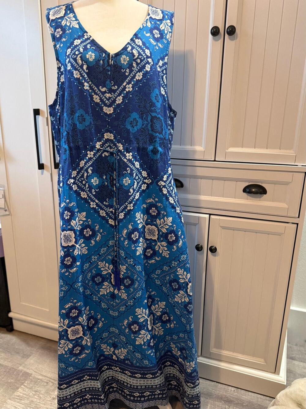 Johnny Was drawstring blue white linen tak dress XL NWT